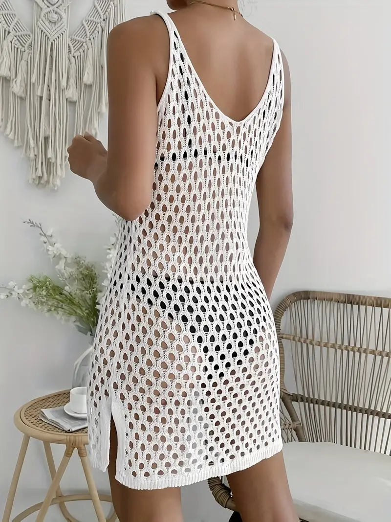 White Hollow Out Dress Without Bikini, V Neck See Through Crochet Split Cover Up Dress, Women's Swimwear & Clothing