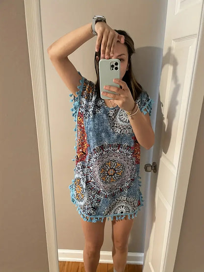 Floral Print Hobo Style Tassel Trim Beach Cover Up, Scoop Neck Blue Side Split Kaftan Cover Up Dress, Women's Swimwear & Clothing