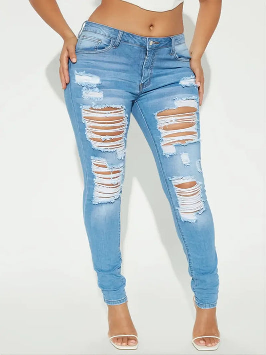 Pantalon en denim skinny bleu clair pour femme – Jambes déchirées et longues jambes plissées pour un look élégant. 