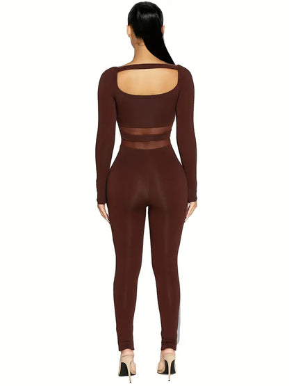 Solid Cut Out Mesh Splicing Jumpsuit, Casual Slim Long Sleeve Jumpsuit For Spring & Fall, Women's Clothing