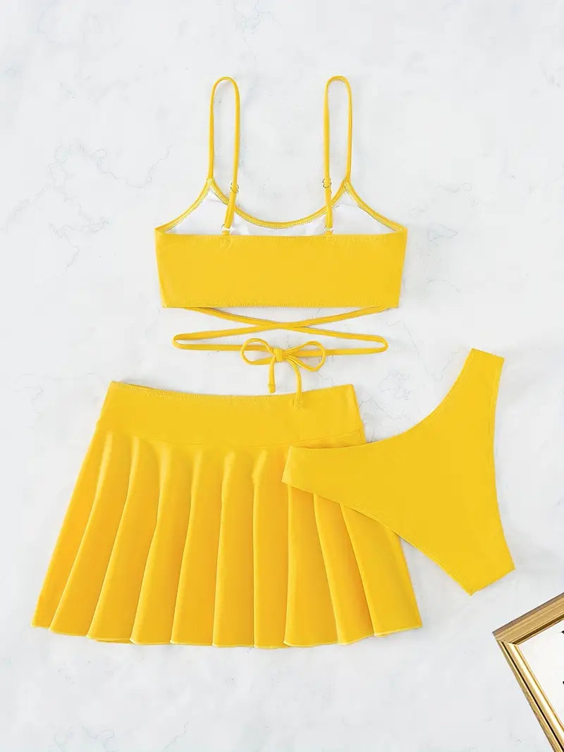 Solid Color Criss Cross Tie Back 3 Piece Swimsuit, Yellow Scoop Neck Spaghetti Strap High Strech Bikini With Pleated Skirted Wrap Cover Up, Women's Swimwear & Clothing