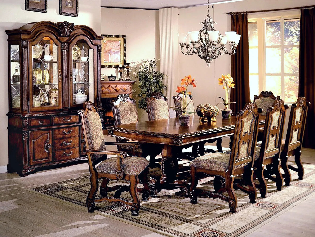 9 PC Traditional Formal Dining Set Table Upholstered Chairs Double Pedestal Base