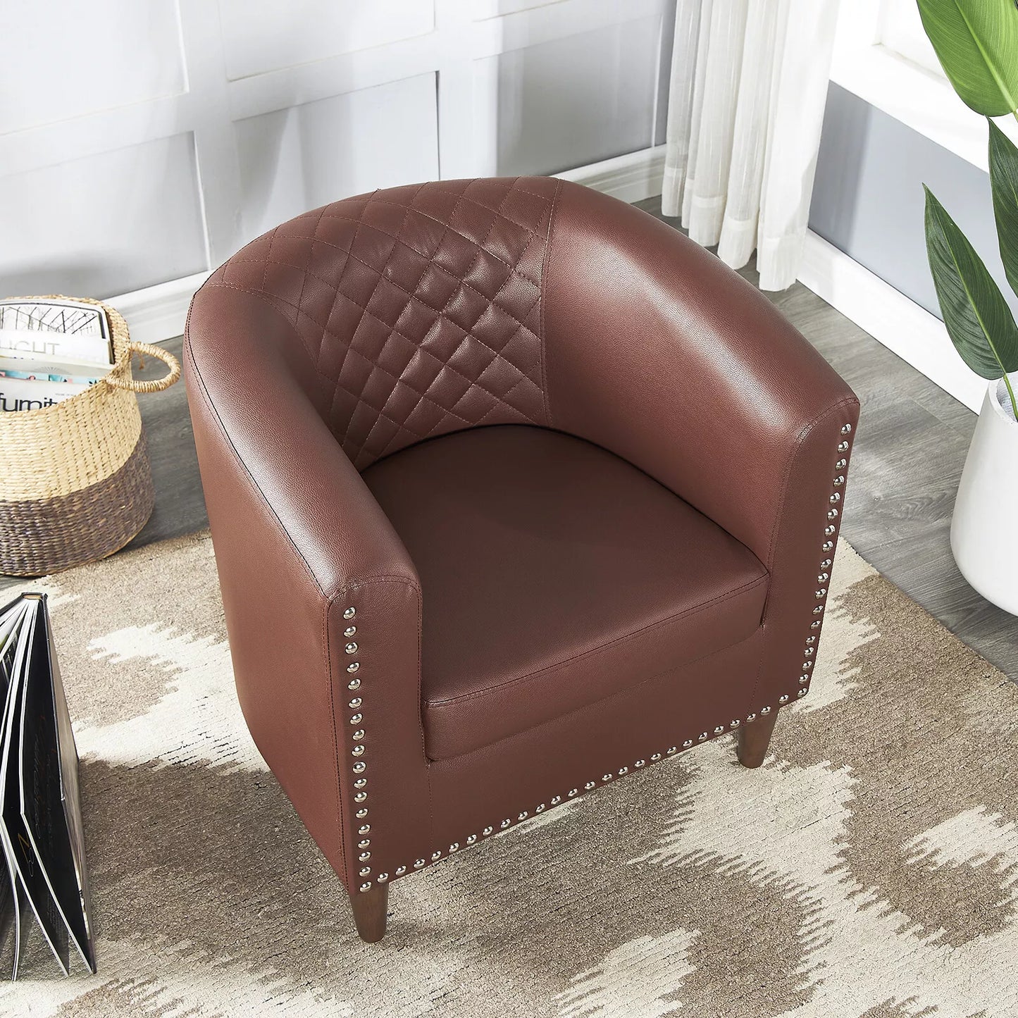 Faux Leather Barrel Accent Chair Brown, Nailhead