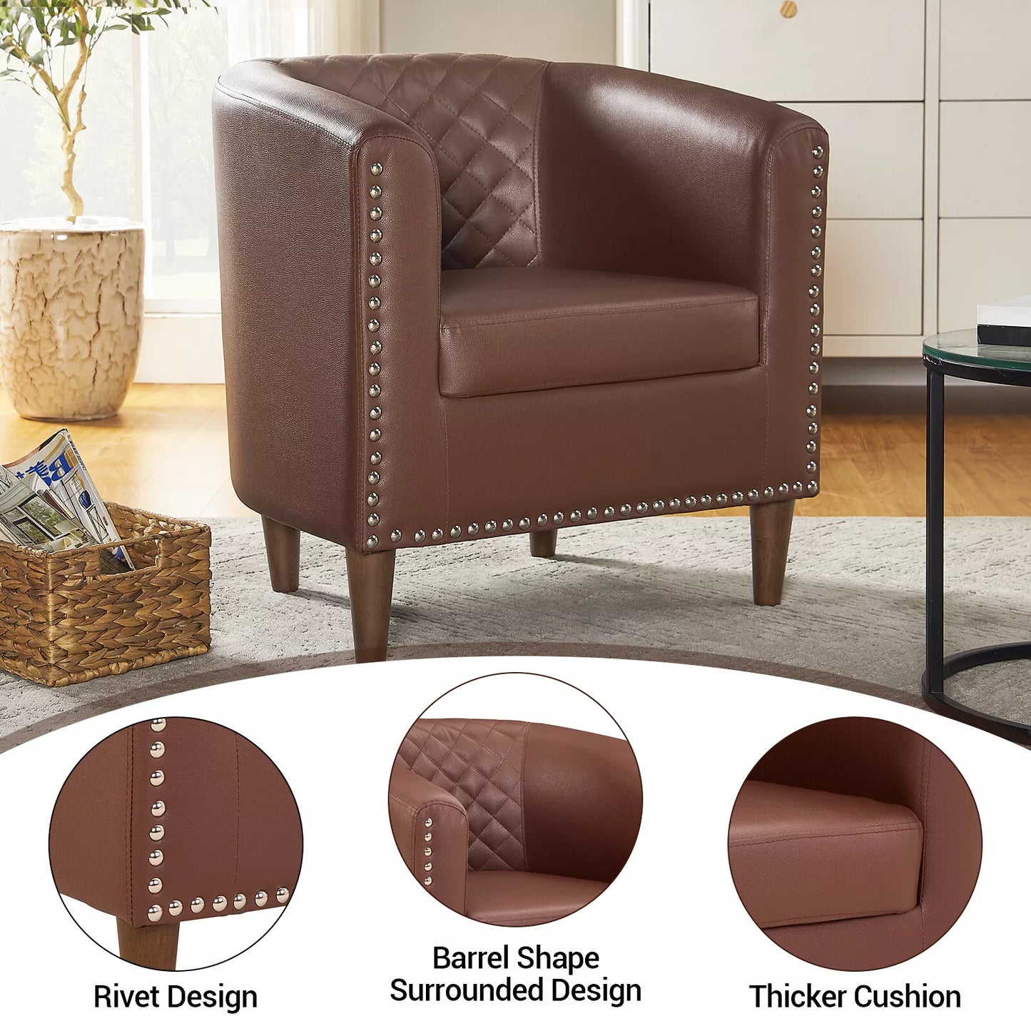 Faux Leather Barrel Accent Chair Brown, Nailhead