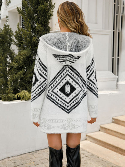 Geometric Fuzzy Hooded Cardigan