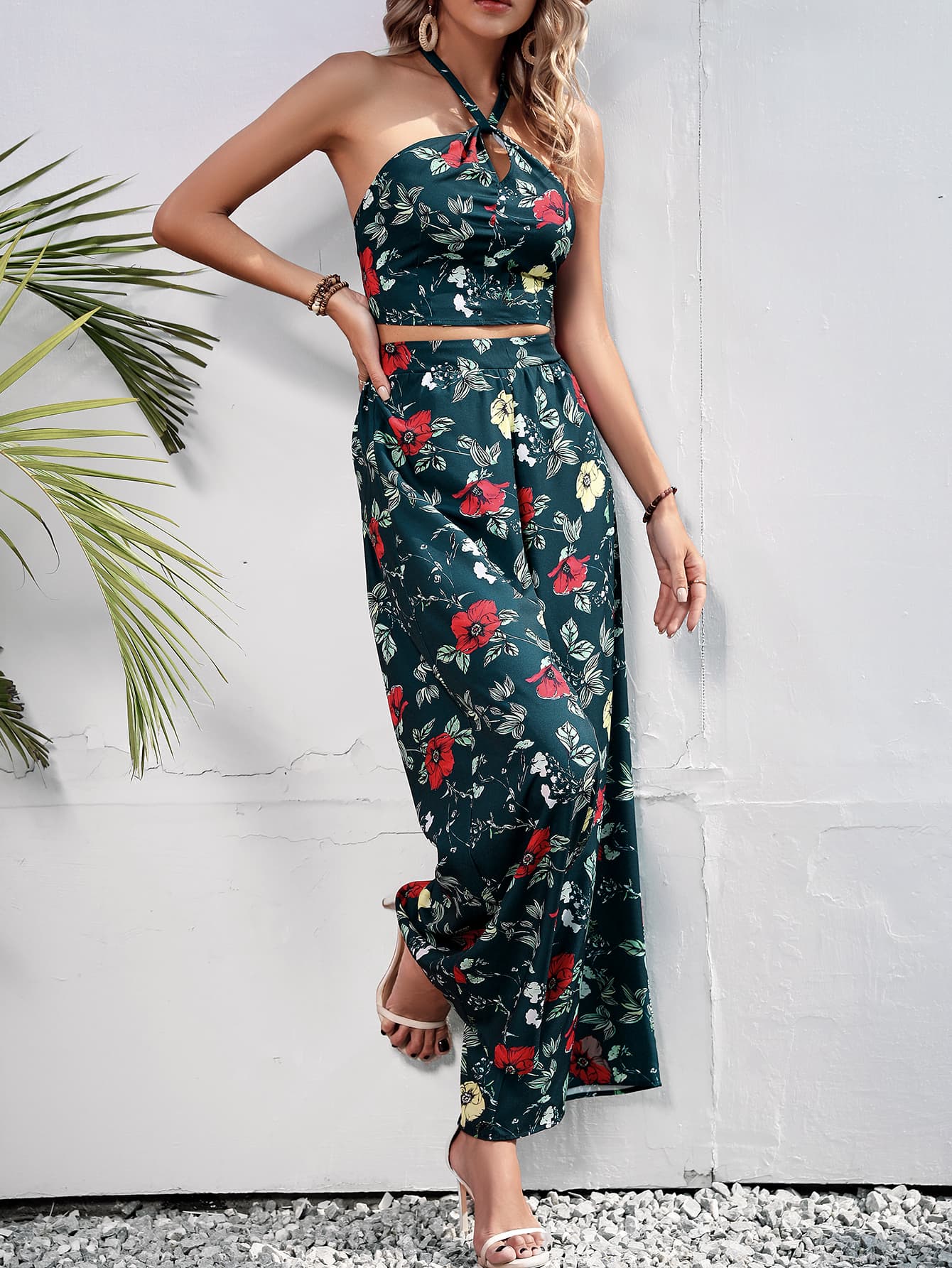 Floral Halter Neck Top and Wide Leg Pants Set