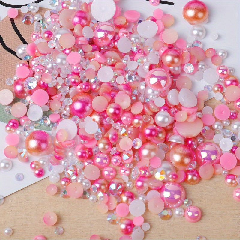 3800pcs 30g Mixed Flat Back Pearls and Rhinestones for Crafts and Nail Art - 3mm-10mm Sizes in Blue, Pink, and White - Perfect for Eye Makeup and Jewelry Design