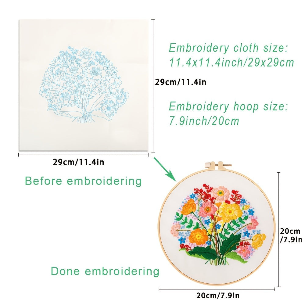 3pcs/set Embroidery Kit, Flower Bouquet Pattern, Including 1 Embroidery Hoop 7.9 Inch, DIY Knitting & Crochet Gift