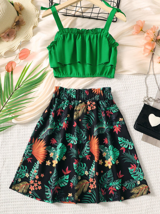 Conjunto de falda floral y camisola en capas