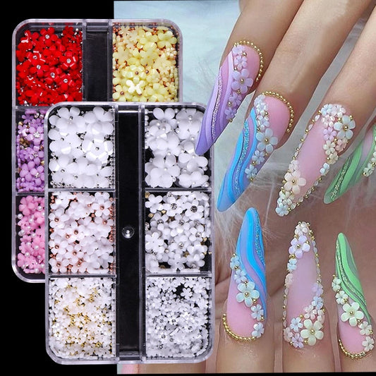 6-Grid Macaron Flower Nail Art Jewelry Set - Mix and Match for Stunning 3D Designs