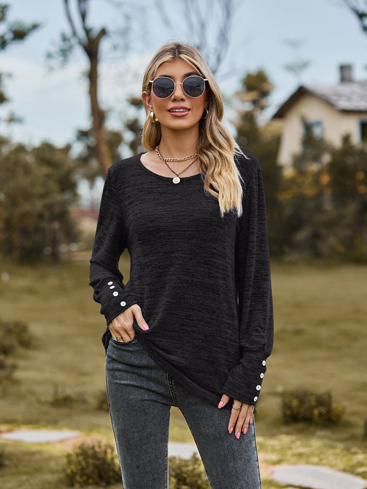 Round Neck Long Sleeve Buttoned T-Shirt