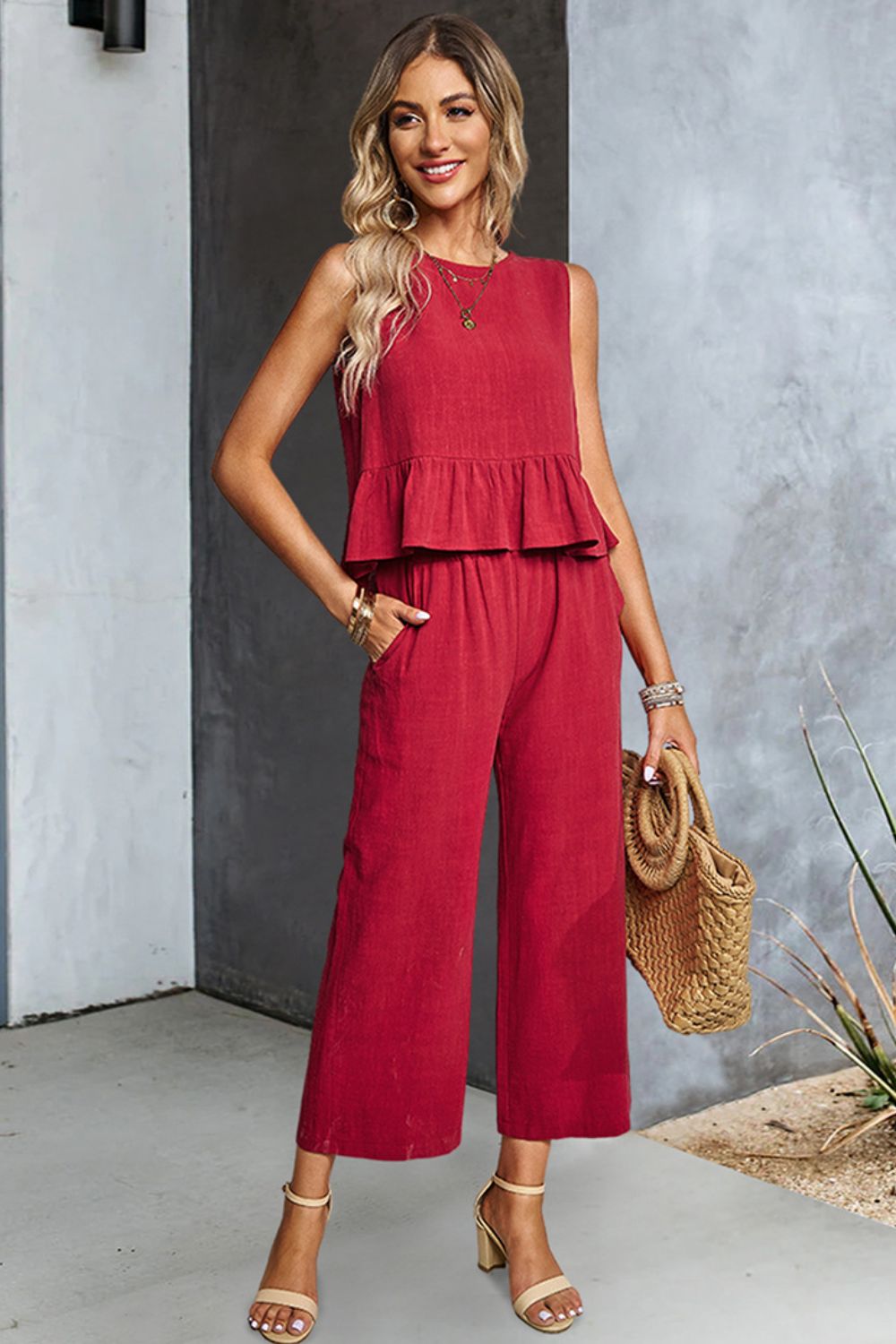 Decorative Button Ruffle Hem Tank and Pants Set