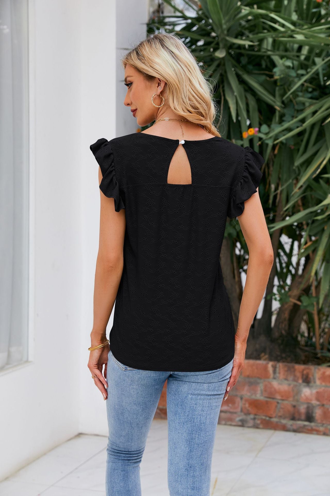 V-Neck Flutter Sleeve Eyelet Top