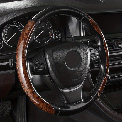 Upgrade Your Ride with a Non-Slip Carbon Fiber Steering Wheel Cover - Classic Wood Grain Design for Men & Women