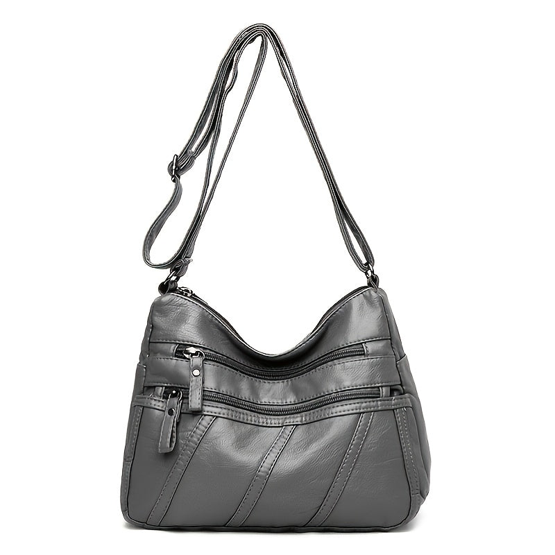 Stylish Striped Zipper Faux Leather Purse - Women's Solid Shoulder Bag with Large Capacity & Adjustable Straps