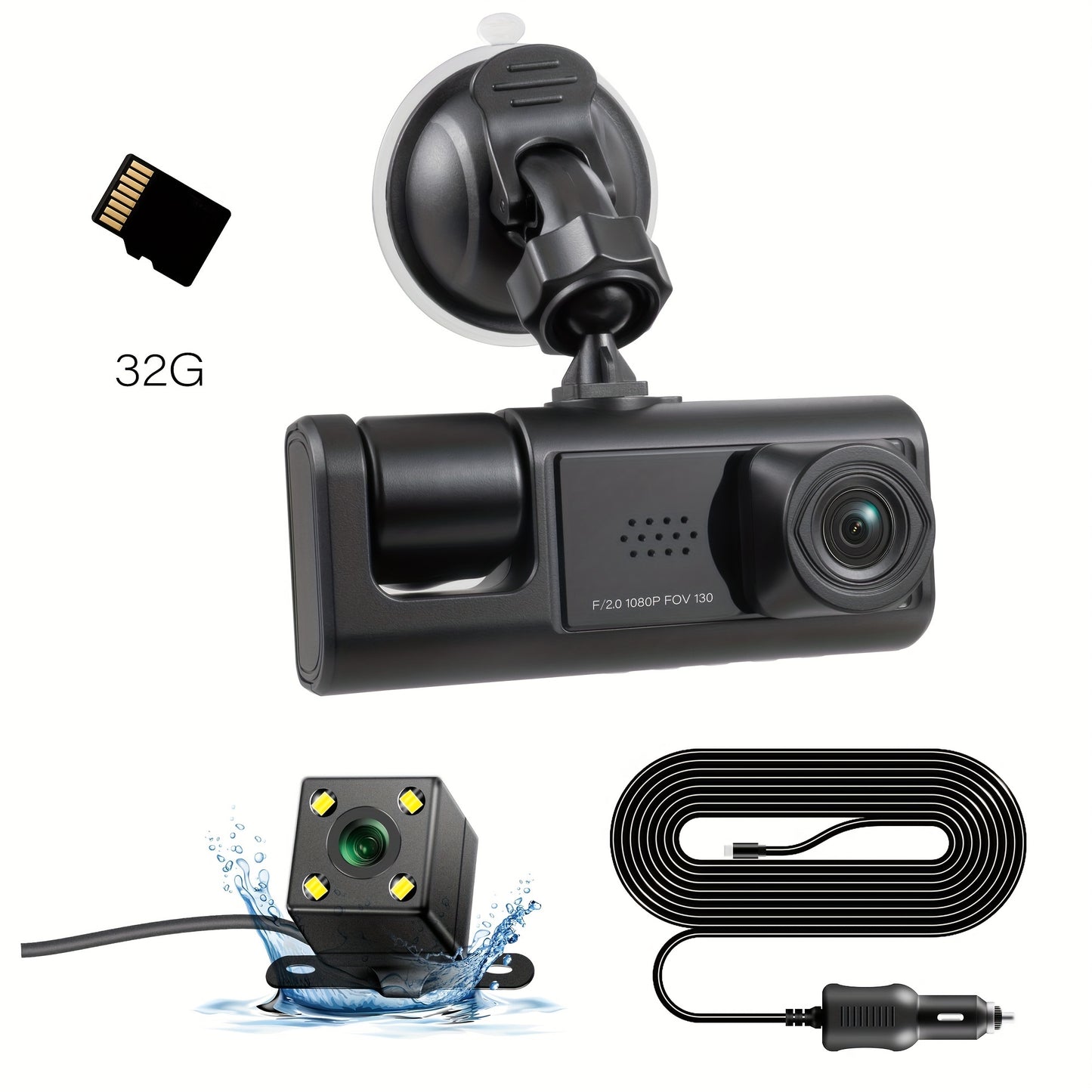 3-Channel Dash Cam with 3 Camera Lenses, HD 1080P Dual Lens Dashcam for Car Video Recording, Parking Monitoring, and Night Vision