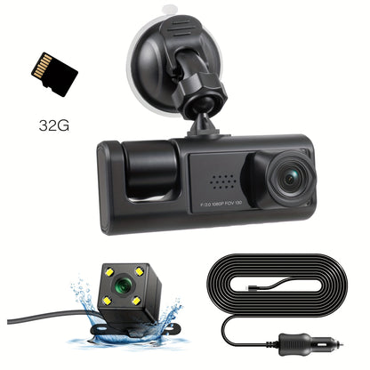 3-Channel Dash Cam with 3 Camera Lenses, HD 1080P Dual Lens Dashcam for Car Video Recording, Parking Monitoring, and Night Vision