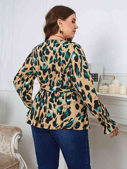 Plus Size Printed Tie Waist Flounce Sleeve Blouse