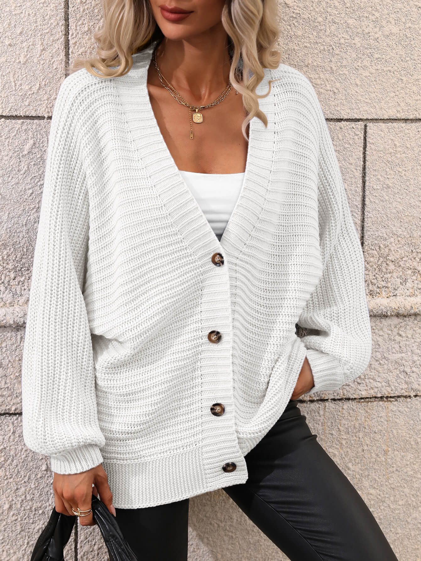 Button Down Horizontal-Ribbing Longline Cardigan