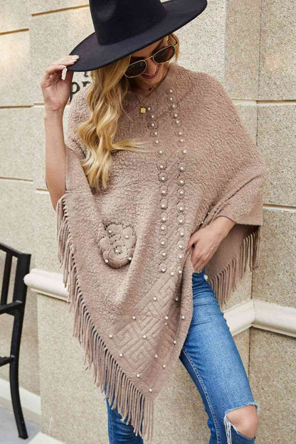 Pearl Trim Fringe Hem Poncho