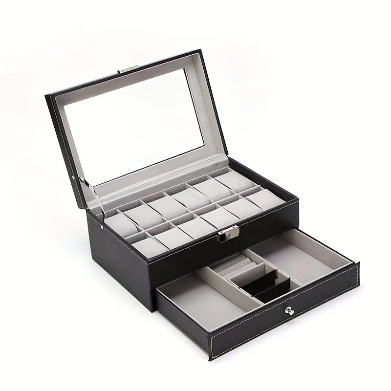 1pc Double Layer Leather Watch and Jewelry Storage Box with 12 Slots - Keep Your Valuables Organized and Secure