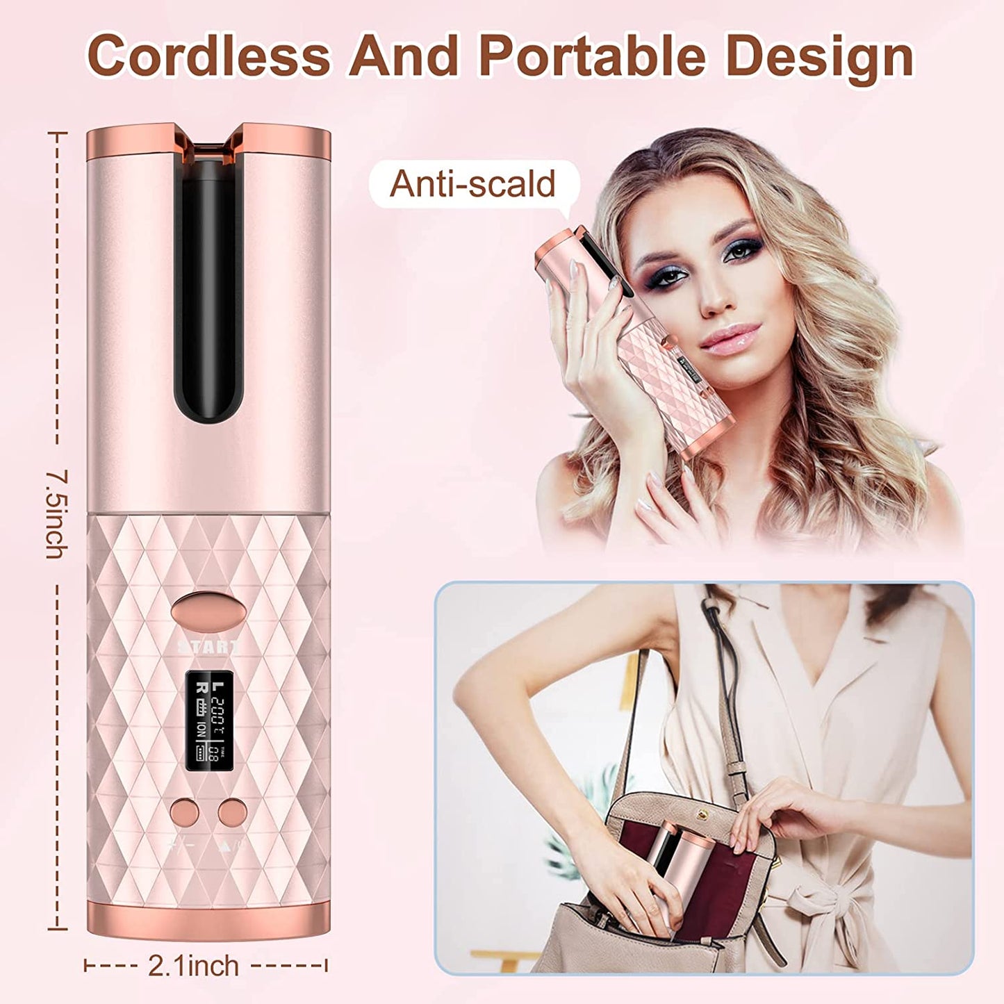 5000mAh Portable Wireless Hair Curler with LCD Screen & Diamond Pattern - Fully Automatic Charging & Curling!