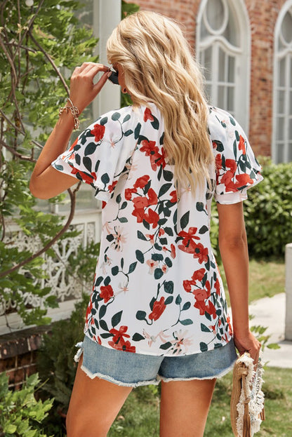 Floral Tie Neck Short Sleeve Shirt