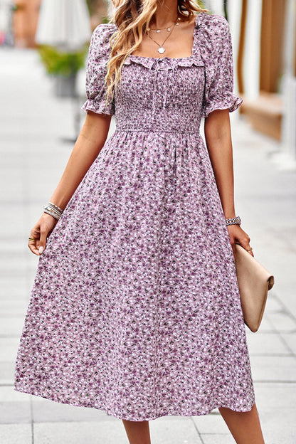 Floral Ruffled Square Neck Dress with Pockets