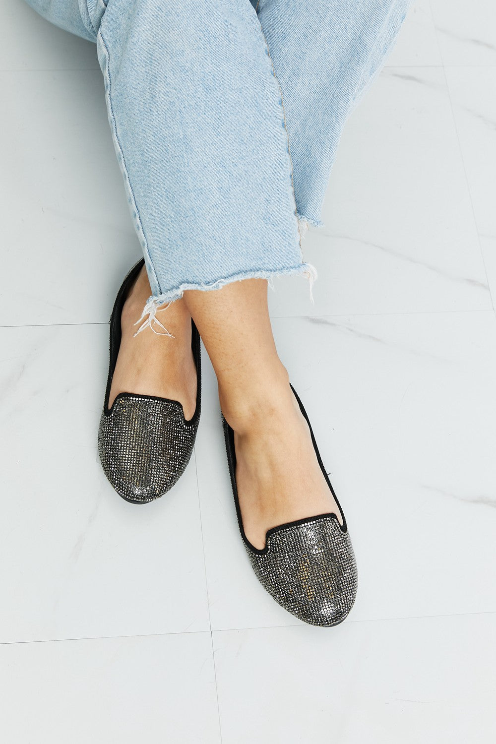 Forever Link Rhinestone Round Toe Flats in Black/Pewter