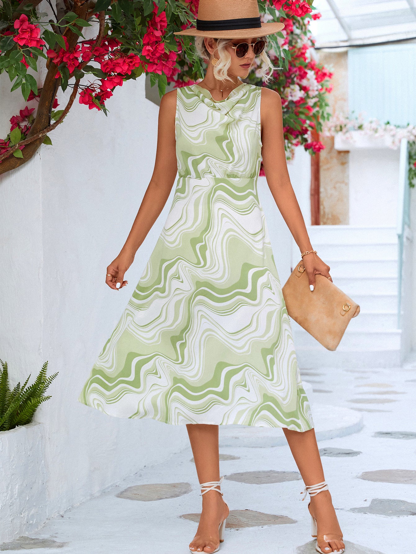 Printed Cowl Neck Sleeveless Dress