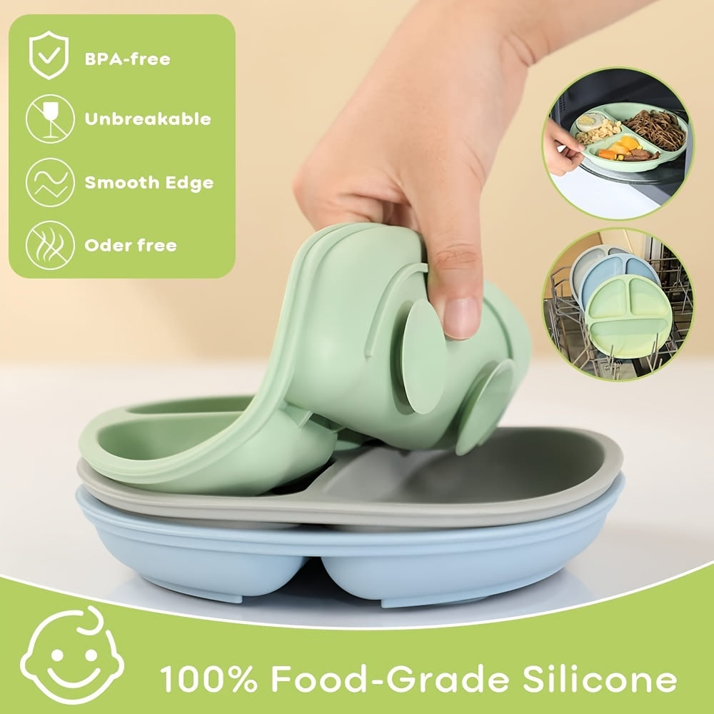 Suction Plates For Babies & Toddlers,100% Silicone Plates Stay Put With Suction Feature, Divided Design, Microwave & Dishwasher Safe