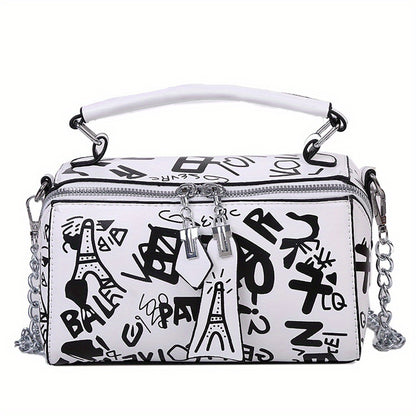 Trendy Graffiti Handbag for Women - Stylish Chain Crossbody Bag with Small Zipper Box Purse