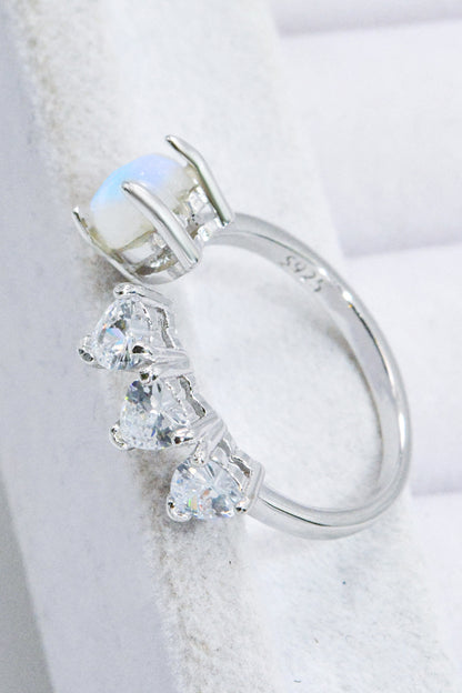 Bague ouverte coeur pierre de lune naturelle et zircon