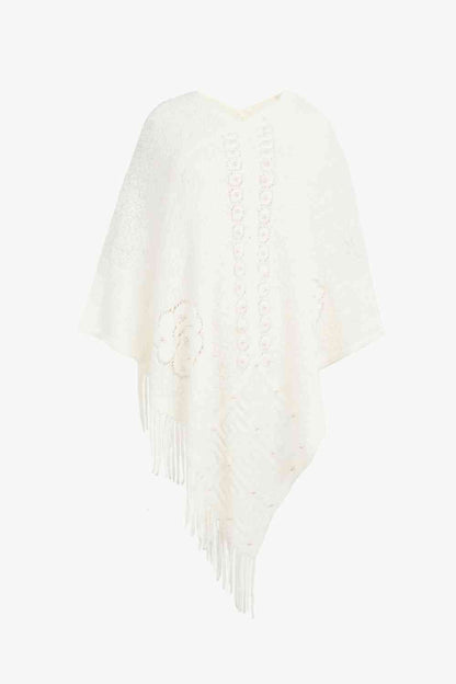 Pearl Trim Fringe Hem Poncho