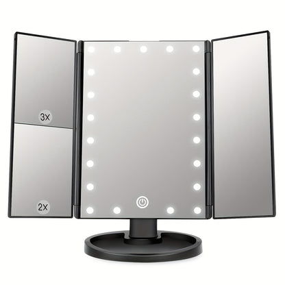 Miroir de maquillage LED à grossissement 2X-3X - Contrôle tactile, conception à trois volets, double alimentation portable - Cadeau parfait pour les femmes ! 