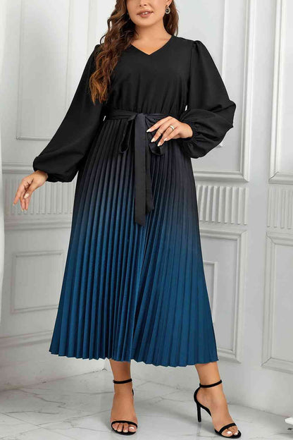 Robe Midi Plissée à Col en V et Manches Longues à Nouer à la Taille de Grande Taille