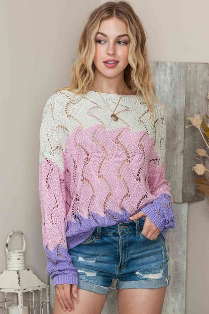 Round Neck Openwork Dropped Shoulder Sweater