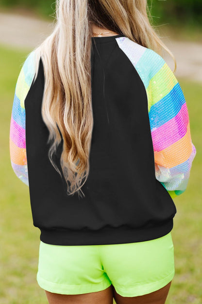 Round Neck Color Block Glitter Sleeve Sweatshirt