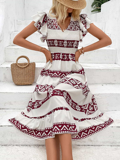 Printed V-Neck Smocked Flutter Sleeve Dress