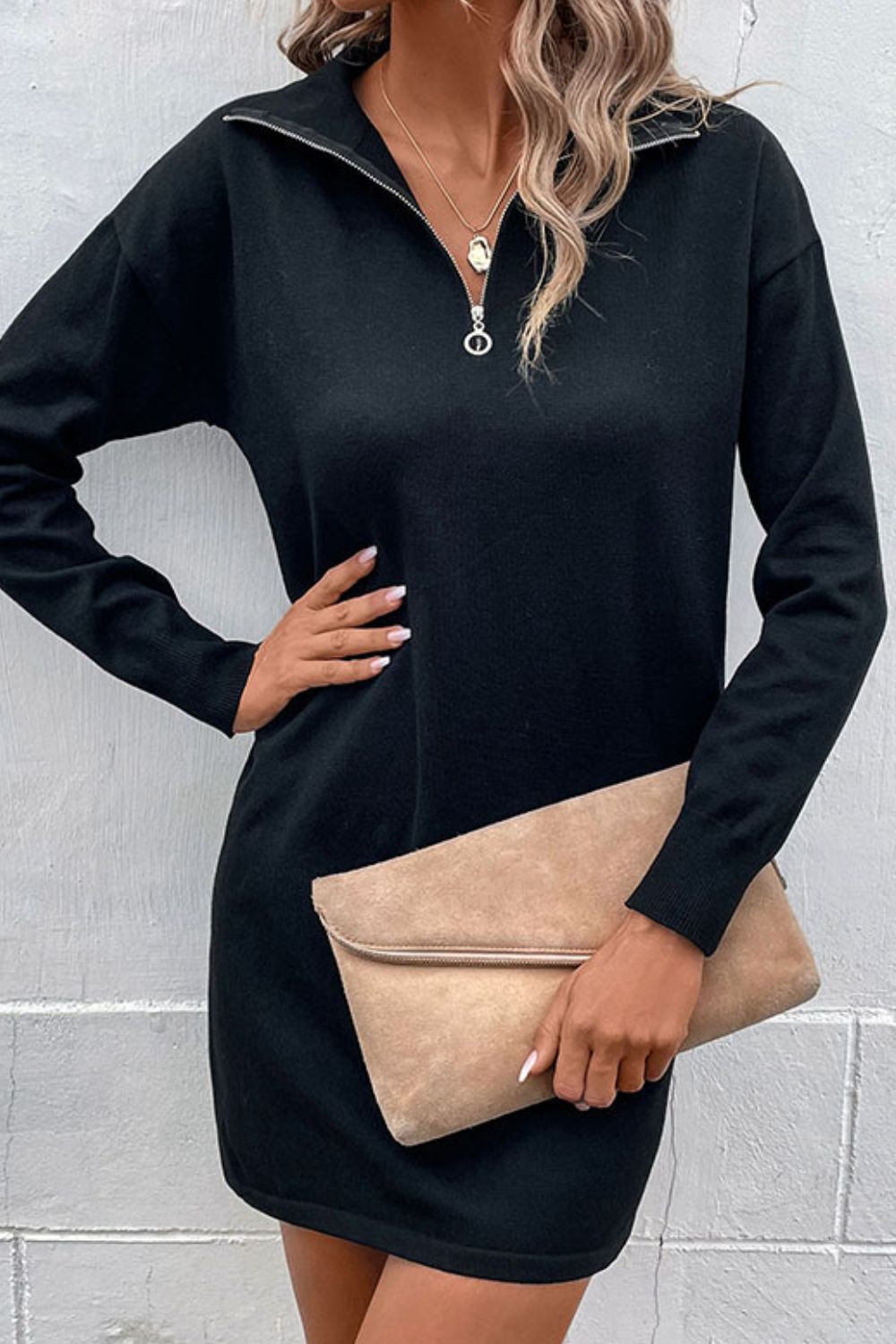 Quarter-Zip Dropped Shoulder Knit Dress