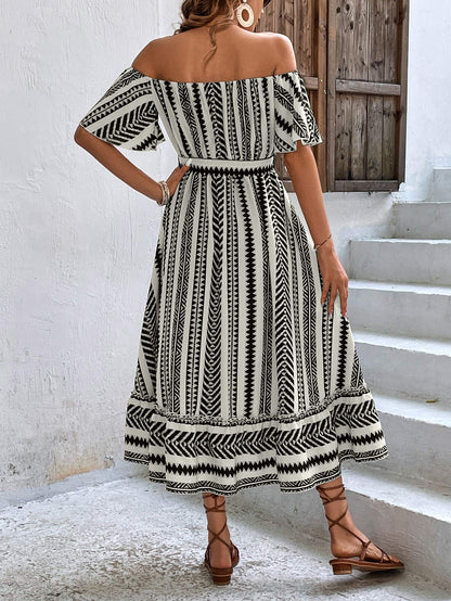 Printed Off-Shoulder Tie Belt Midi Dress