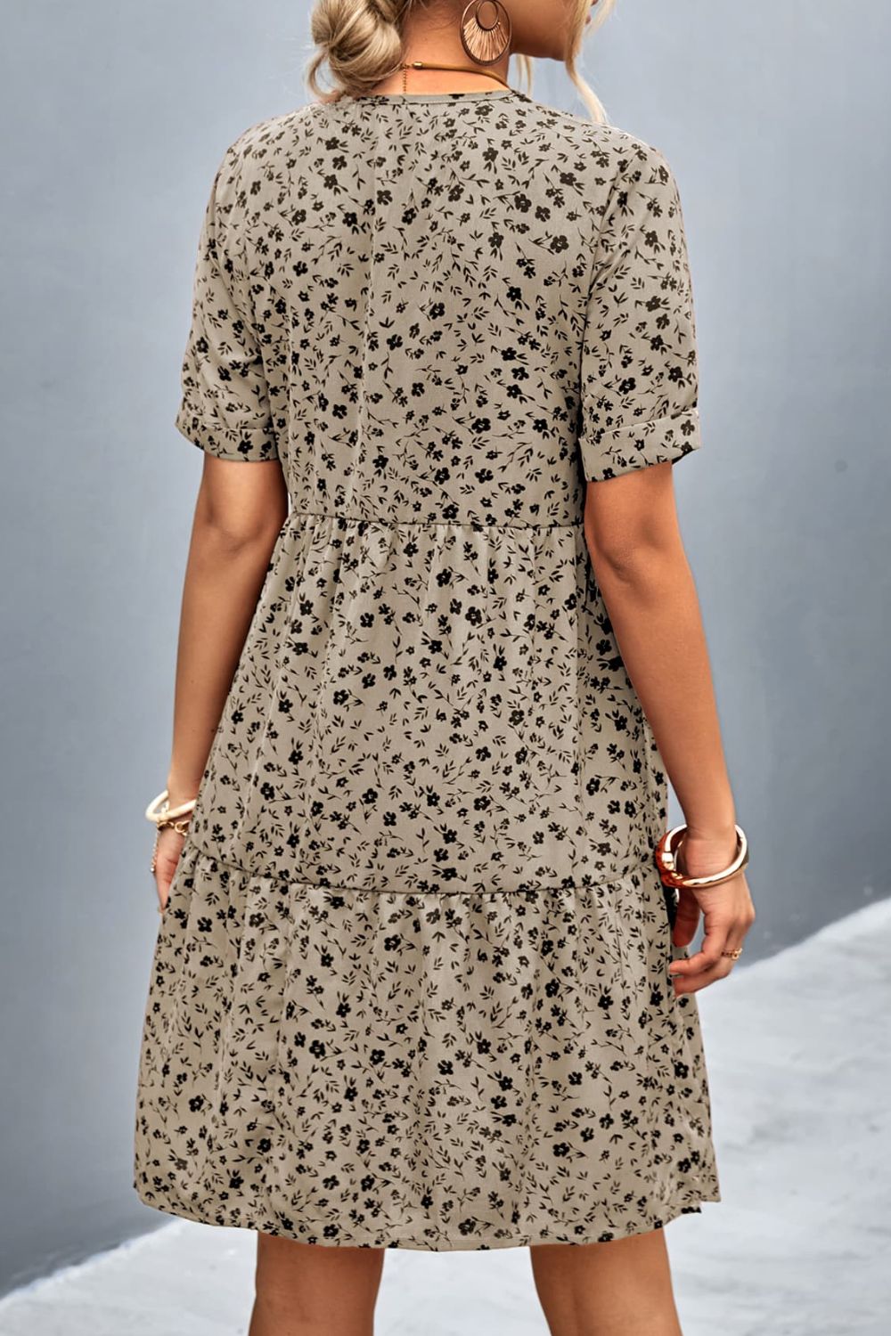 Ditsy Floral Empire Waist Plunge Short Sleeve Dress