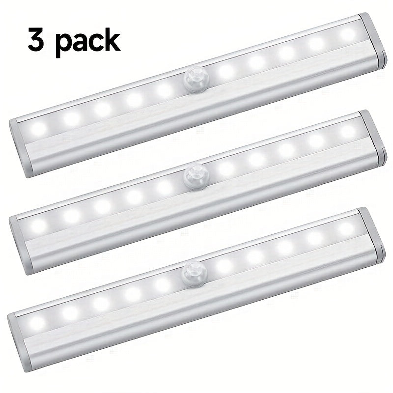 3pcs Motion Sensor LED Lights,10 LED Battery Operated Motion Light, Stick-On Anywhere Magnetic Night Light Bar For Stairway,Wardrobe,Kitchen,Vanity