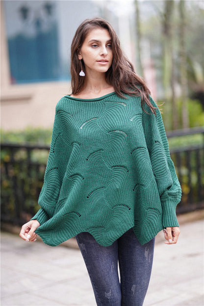 Openwork Boat Neck Sweater with Scalloped Hem