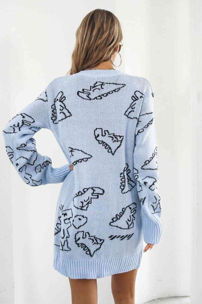 Dinosaur Pattern V-Neck Sweater Dress