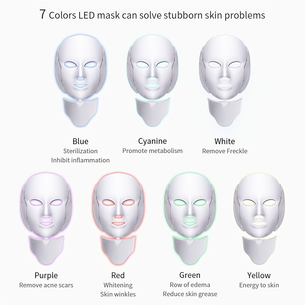 Masque facial LED 7 couleurs avec lumière du cou – Rajeunissement de la peau, traitement de l'acné et lifting du visage – Masseur ferme pour une peau jeune et éclatante 