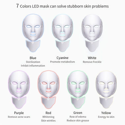 Masque facial LED 7 couleurs avec lumière du cou – Rajeunissement de la peau, traitement de l'acné et lifting du visage – Masseur ferme pour une peau jeune et éclatante 