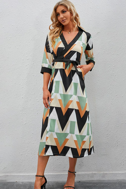 Printed Three-Quarter Sleeve Tied Midi Dress