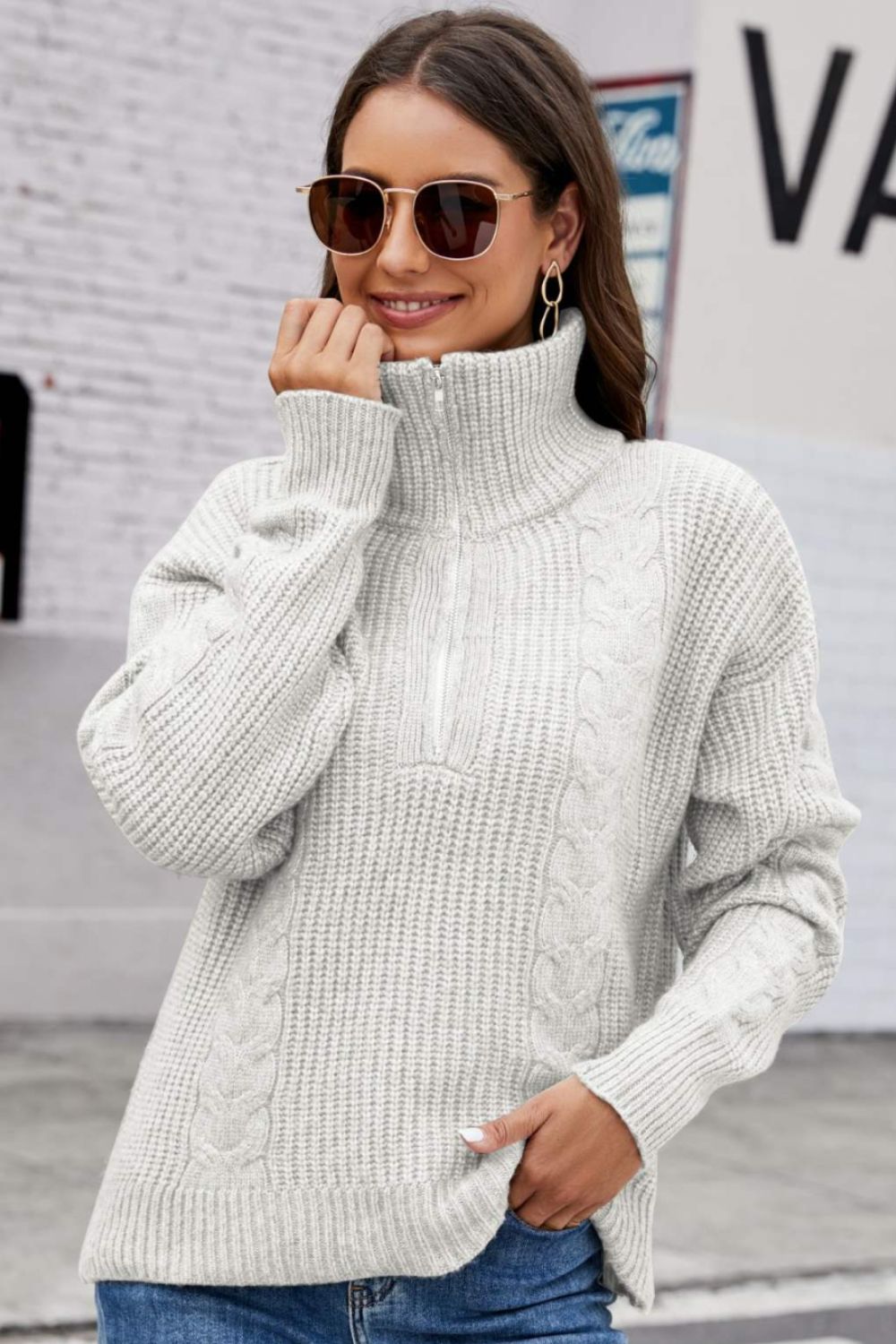 Half Zip Mixed Knit Collared Sweater