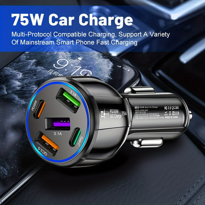 75W Fast Charging 5-in-1 Car Charger: 3USB+2PD, Dual Line, One Drag, Mobile Phone Charger